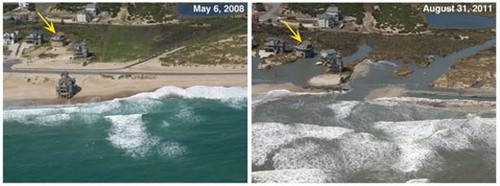 Hurricane Irene - before and after.  Yellow arrow shows same building ©  SW